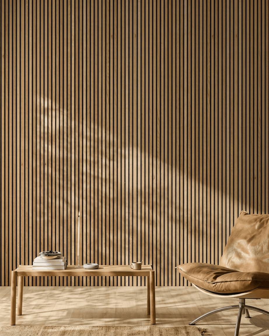 Minimalist room with a tan leather chair, low wood table, and a WoodUpp Akupanel acoustic wood slat panel in Rustic Brown Oak finish, illuminated by sunlight.